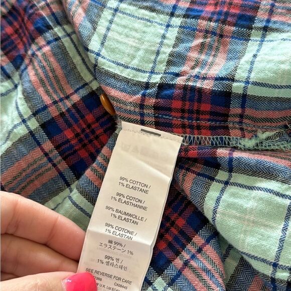 J Crew Textured Cotton Plaid Teal Blue Orange Button Down Shirt Top 6P - Picture 2 of 3